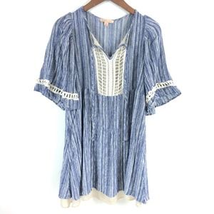Gibson Latimer Tunic Dress Medium Blue Short Sleeve Lined Rayon Crochet